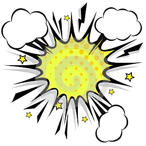 Retro comic design speech bubbles. Flash explosion with clouds