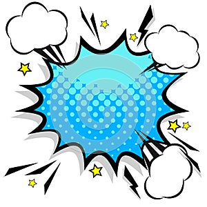 Retro comic design speech bubbles. Flash explosion with clouds