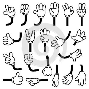 Retro comic hands gestures in gloves for cartoon characters. Doodle arm pointing finger. Thumb up, fist, rock and
