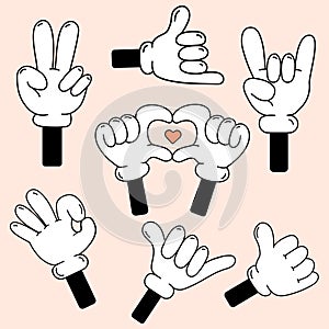 Retro comic hands gestures in gloves set .Doodle arm pointing finger show different signs vector illustration