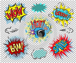 Retro comic speech bubbles set on colorful background. Wow hot boom bam sale words vintage design, pop art style