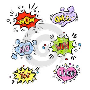 Retro comic speech bubbles set with colorful shadows on white background. Expression text No, OMG, WOW, YEs, WIN, LIKE