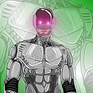Retro comic style artwork, cyborg police consisting of a robot body and a human face wearing a steel mask.