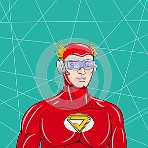 Retro comic style artwork, a superhuman figure wearing a red hero costume. photo