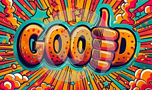 Retro comic style explosion background with the word GOOD and a thumbs-up, encapsulating positive feedback, success, and