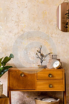 Retro composition of living room interior with wooden vintage commode, gold pink mirror, plant, rattan basket, plaid, decoration.