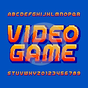 Retro computer game alphabet font. Pixel gradient oblique letters and numbers.