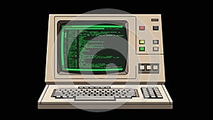 Retro Computer with Green Code on Screen and Mechanical Keyboard