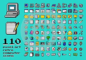 Retro computer interface elements set. Old PC UI icon assets for computer, folder, notepad text document, media laser