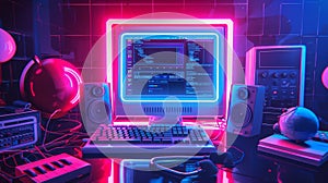 Retro computer interface with glitch effect. Abstract posters with desktop PC screen design, neon colors, modern