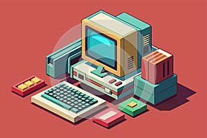 Retro computer with keyboard, monitor, mouse, speakers, and other items on a desk in customizable isometric illustration, Retro