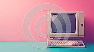 Retro computer with keyboard on pink background