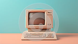 Retro Computer On Light Blue Surface - Classic 3d Pulpy Style