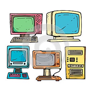 Retro computer monitors desktops handdrawn illustration. Colorful vintage computing equipment photo