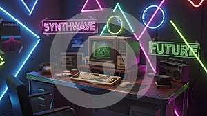 Retro Computer with Neon Lights