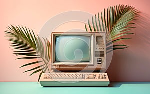 Retro computer with palm leaves. Technology copy space background.