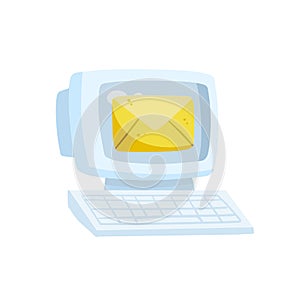 Retro computer. Sending and receiving email. Yellow envelope with letter