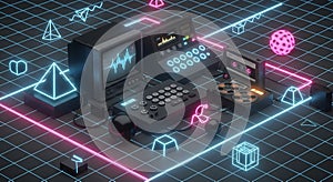Retro computer setup neon grid