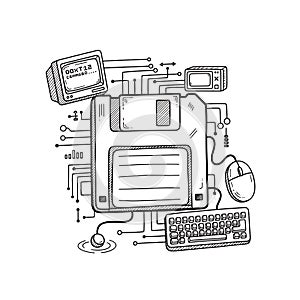 Retro computer technology illustration with floppy disk and peripherals