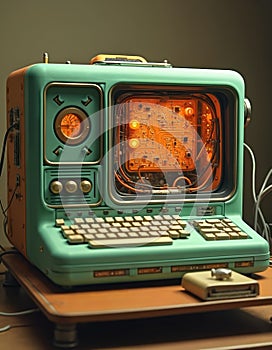 Retro computer with visible glowing circuit boards inside. Vintage tech device with keyboard and buttons. Old machine for data