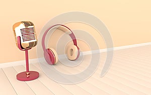 Retro concert or radio microphone. Golden mike on beige background