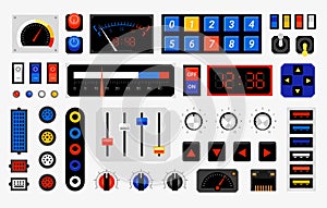 Retro control panel. Computer dashboard elements. Dials or connection ports. Controller buttons template. Electronic indicators
