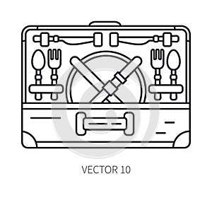 Retro convertible furniture, compact picnic basket line icon. Summer travel vacation, tourism, camping equipment