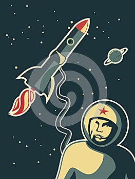 Retro cosmonaut design in vector photo