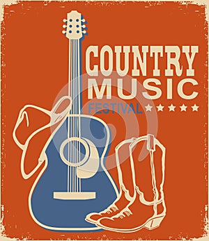 Retro Country music poster of acoustic guitar and cowboy American hat and boots. Vector music background with text on old paper