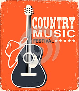 Retro Country music poster of acoustic guitar and cowboy American hat. Vector music background with text on old paper texture
