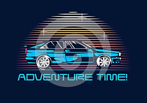 Retro coupe car from 1980 at night. 80s poster stylization. Vector illustration