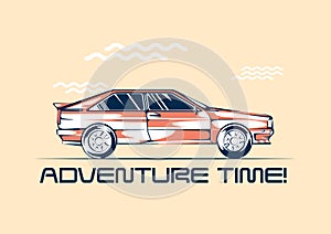 Retro coupe car from 1980 ready for a traveling. Summer fun trip concept. Vector illustration