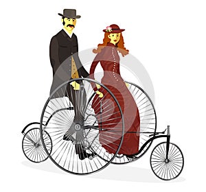 Retro couple of cyclists on bicycle.Vector illustration. -