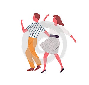 Retro couple dance lindy hop together synchronously. Faceless pair dancing swing, jive or step in 1940s style costumes