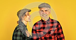 Retro couple of farmers. happy man and woman checkered shirt and hat. Happy family concept. hippie and hipster. couple