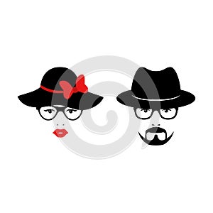 Retro couple with glasses anh hats. Woman and man faces. Wedding concept. Vector