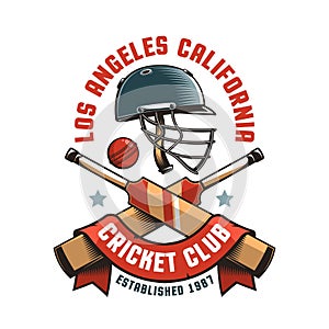 Retro cricket logo featuring a helmet, cricket bats, and ball