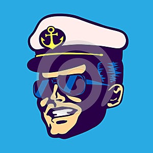 Retro cruise ship captain head with hat and aviator glasses