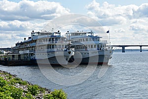 Retro cruise ships. The Volga River. the city of Kostroma. River pier. A golden ring. Bridges. Blue sky