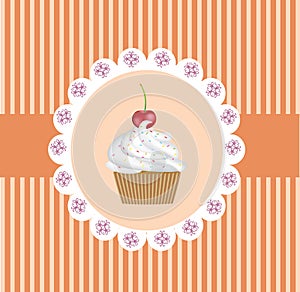 Retro cupcake on orange stripes background