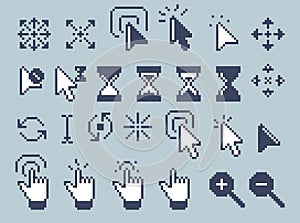 Retro cursors. Pointer arrow cursor hand finger mouse click icons, retro 90s computer technology elements for website