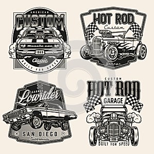 Retro custom cars vintage monochrome labels