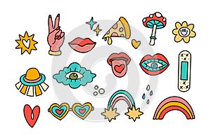 Retro cute cartoon hippy groovy vector sticker set