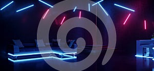 Retro Cyber Sci Fi Neon Glowing Laser Purple Blue Lights Futuristic Bar Sofa Club Night Grunge Show Podium Stage Brick Wall Drink