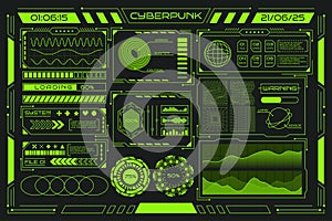 Retro cyberpunk. Abstract poster. Neon grid graphic design. 3D HUD chart icon. Modern techno rave background. Green line