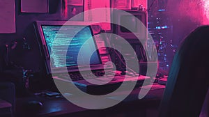 Retro cyberpunk desk with glowing computer code