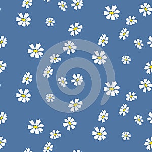 Retro daisy simple blue florals seamless vector pattern.