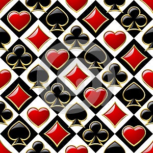 Retro decorative chess cell seamless pattern background with glossy playing card suit symbols with in gold border