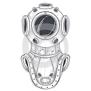 Retro deep sea scuba equipment line art