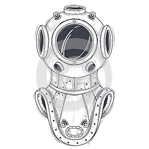 Retro deep sea scuba equipment line art vector